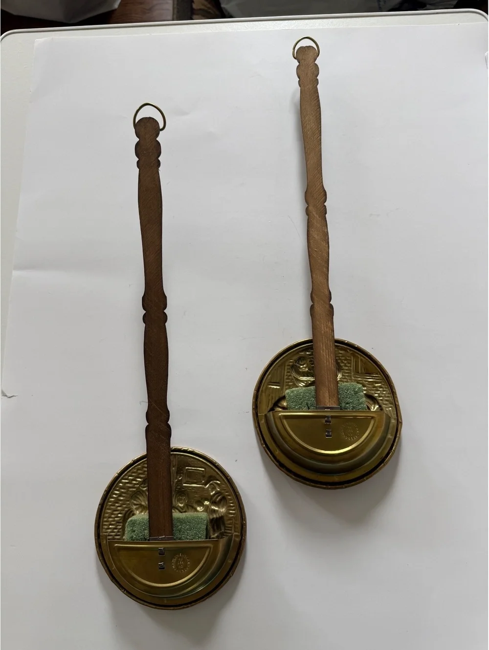 Vintage England Brass Bed Warmer Style Wall Plaques Dutch Scene Wood Handle 2pc
